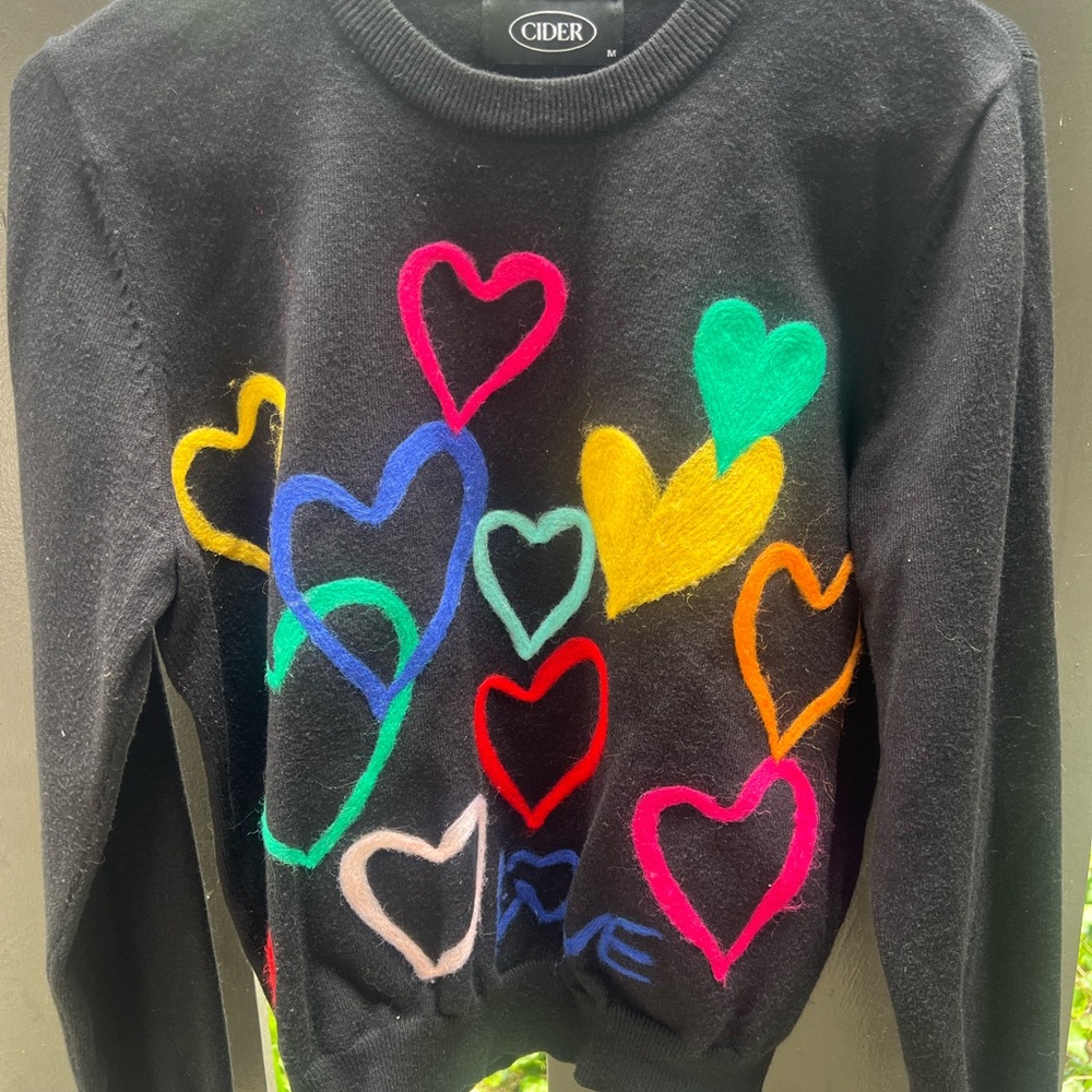 Cider Black Sweater with Multicolor Heart Pattern